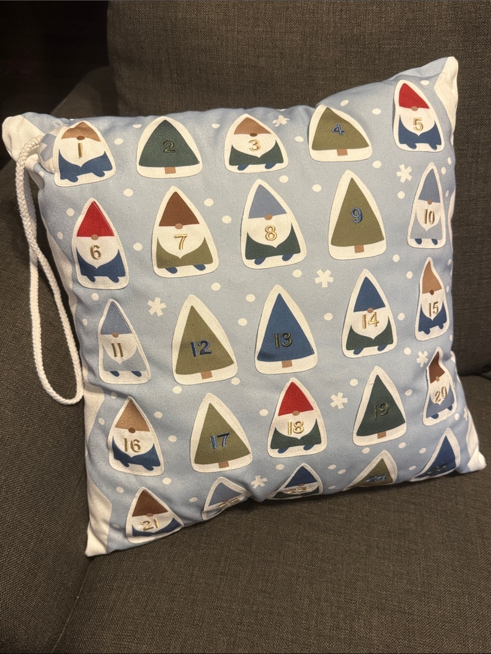 St. Nicholas Square Light Blue Advent Pillow Cover with Gnome and Tree Icons
